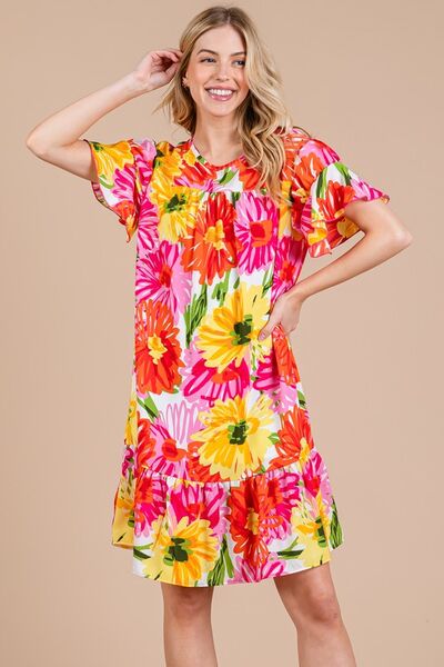 Ces Femme Geblümtes Rüschen-Kurzarmkleid