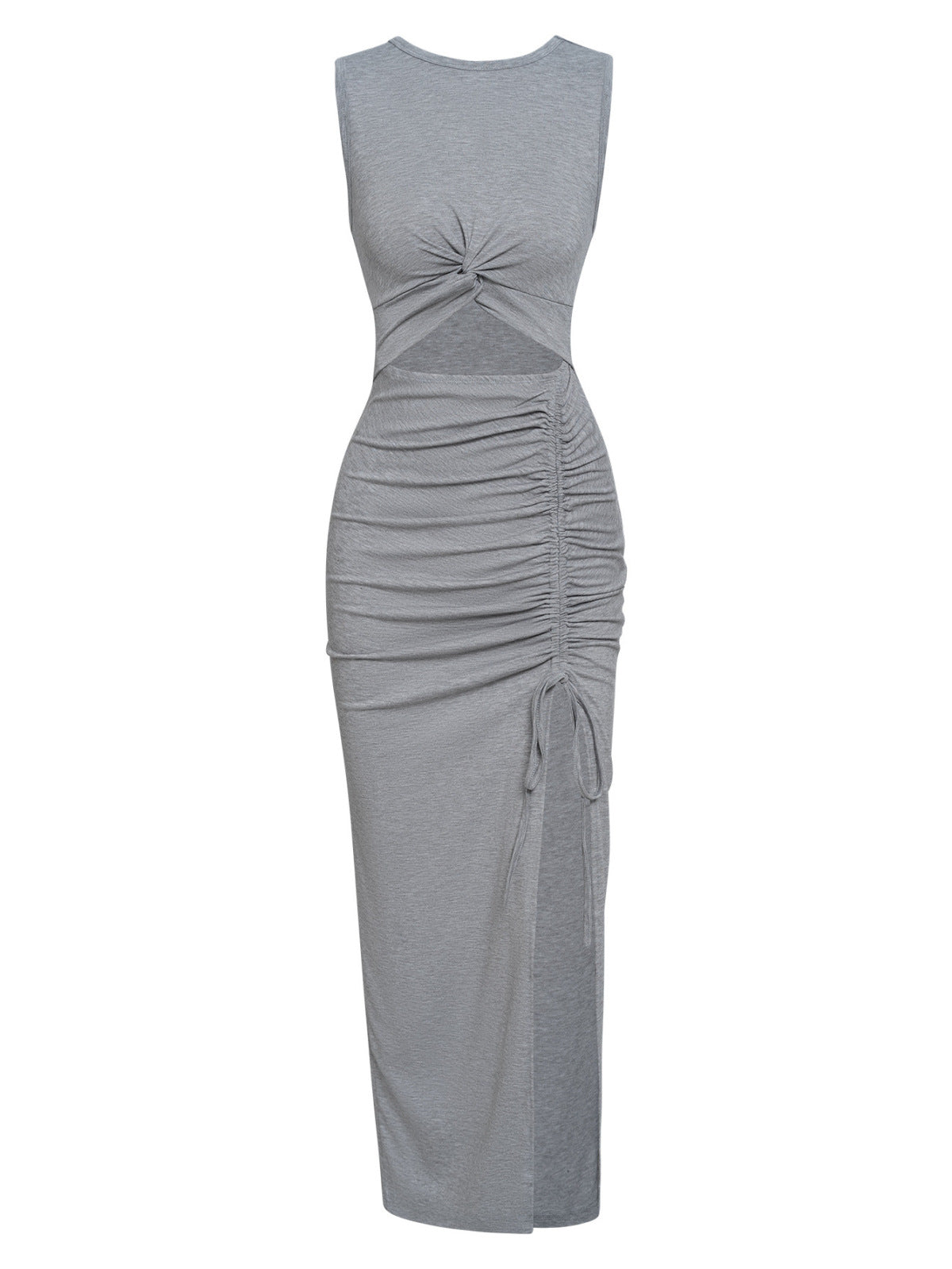 Robe longue à encolure ronde unie, torsadée et froncée avec cordon de serrage