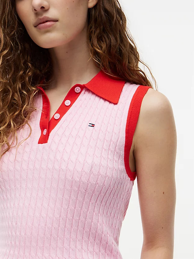 Cable Knit Slim Sleeveless Polo Jumper