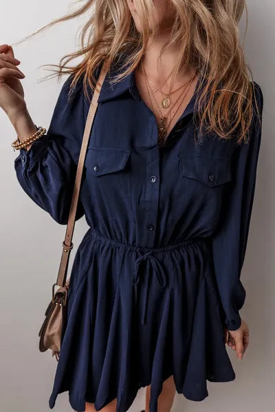 Robe longue à cordon de serrage, demi-boutonnée, manches longues