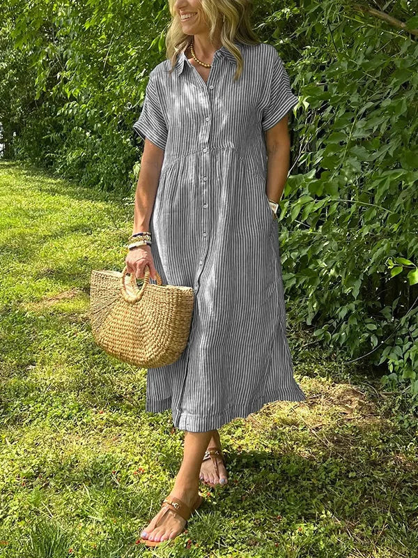 NOUVEAU🔥 Robe Chemise Boutonnée à Revers Rayée