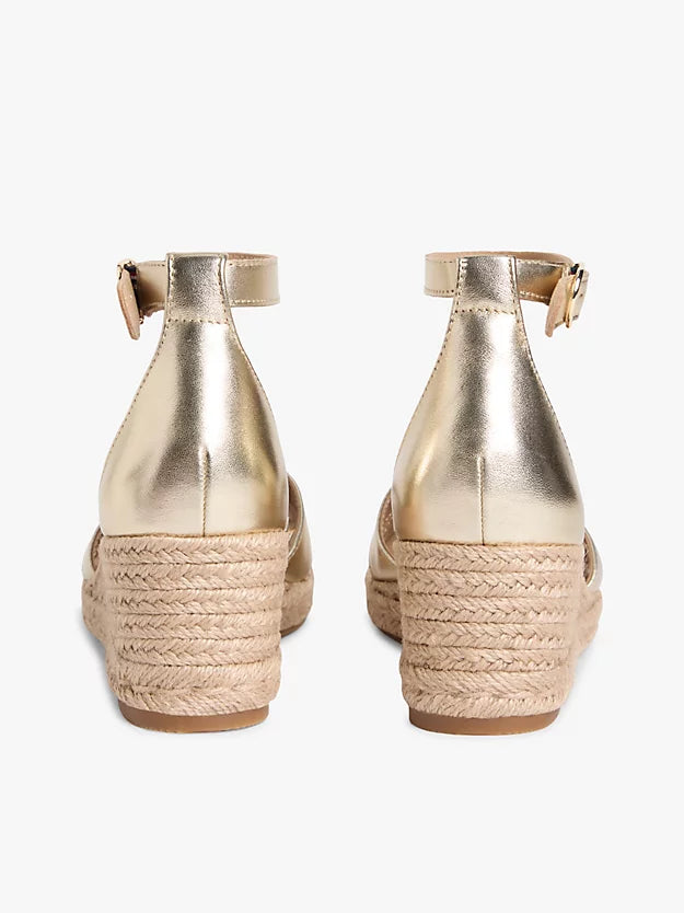Metallic Leather Crossover Strap Wedge Espadrilles