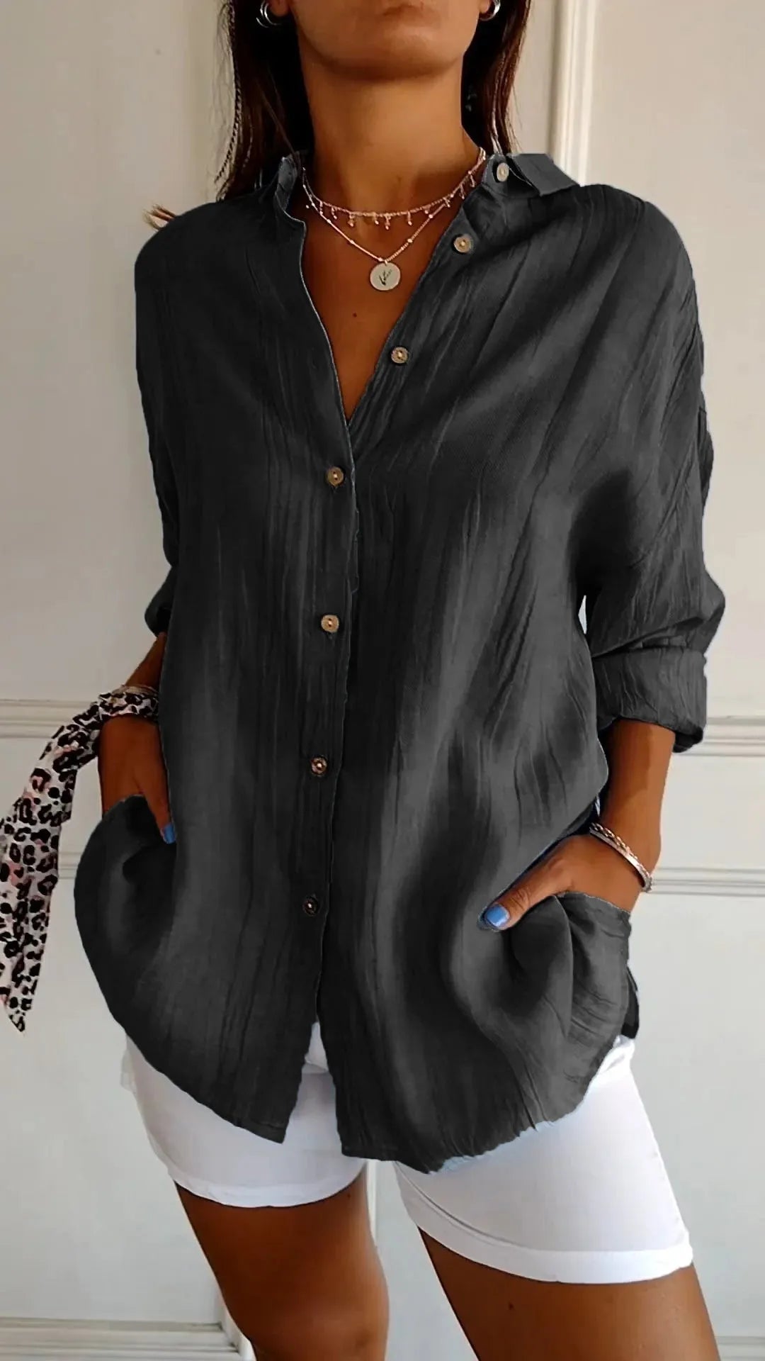 🌷Chemise classique plissée texturée à revers et simple boutonnage pour femme