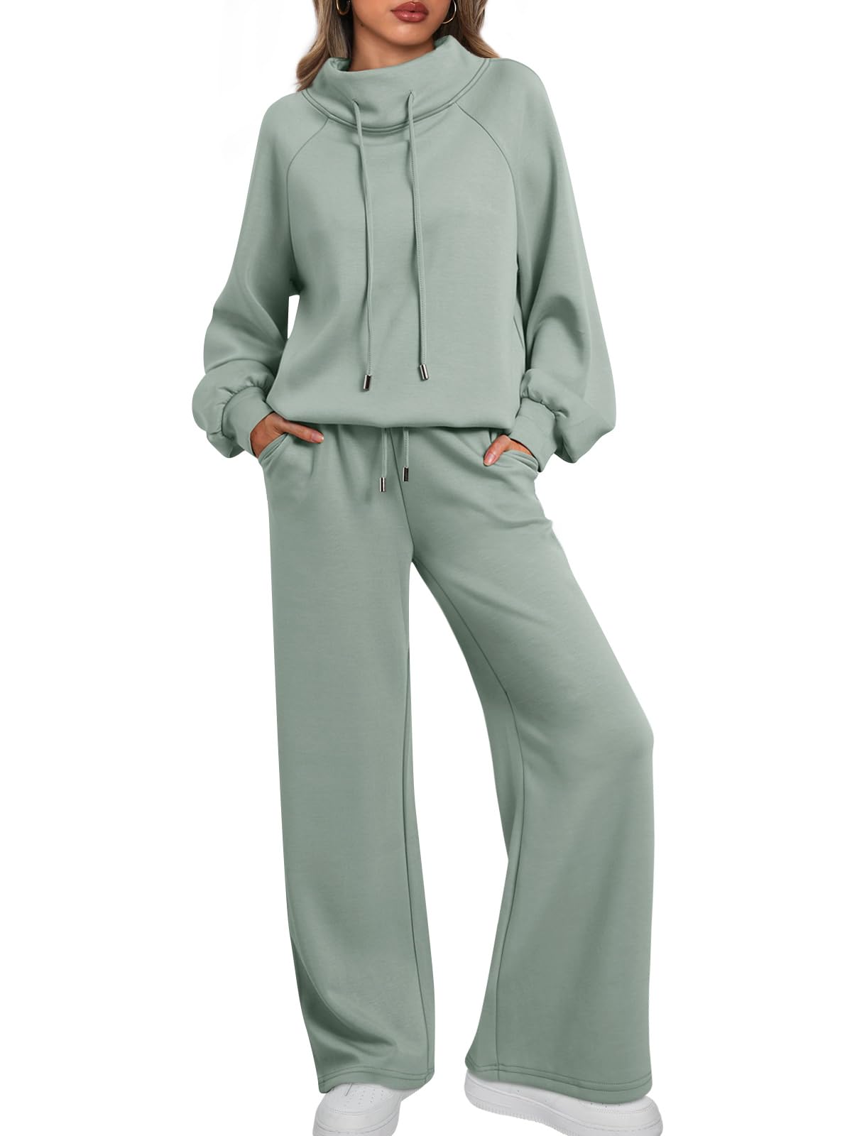 🎄Soldes de Noël 🔥 Ensemble décontracté deux pièces pour femme : sweat-shirt ample à col rond et cordon de serrage, et pantalon de jogging ample à jambes larges