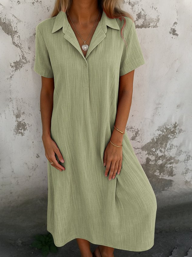 Robe longue décontractée quotidienne coupe trapèze à col chemise et manches courtes unie pour femme (achetez-en 2, livraison gratuite)