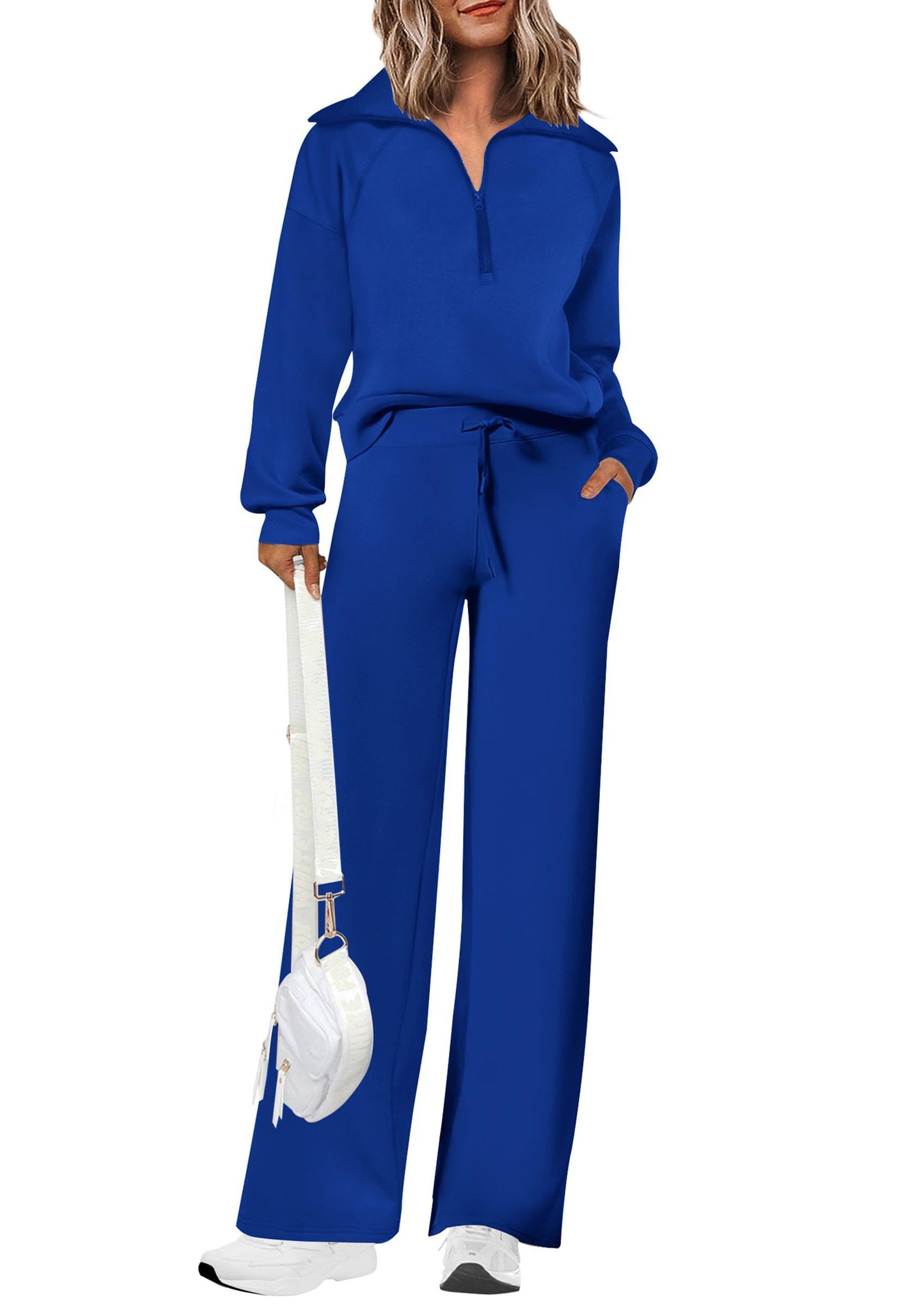 Ensembles deux pièces en coton pour femmes, sweat-shirt à col revers et demi-zip, pantalon de survêtement large, tenue décontractée