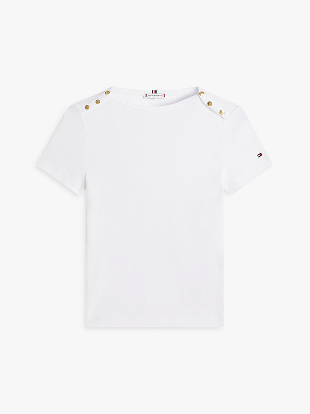 Gold-Tone Button Slim Boat Neck T-Shirt