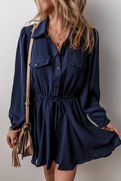 Robe longue à cordon de serrage, demi-boutonnée, manches longues