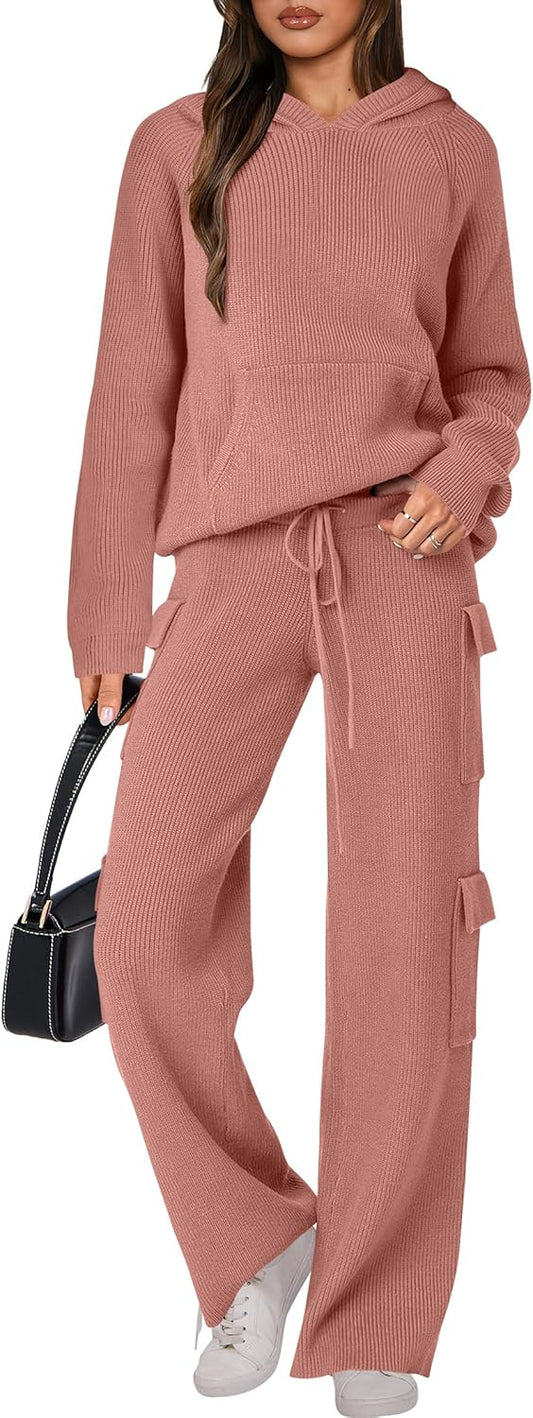 🎄 Destockage de Noël 🔥 Ensembles deux pièces femme : pull tricoté à capuche et pantalon droit décontracté