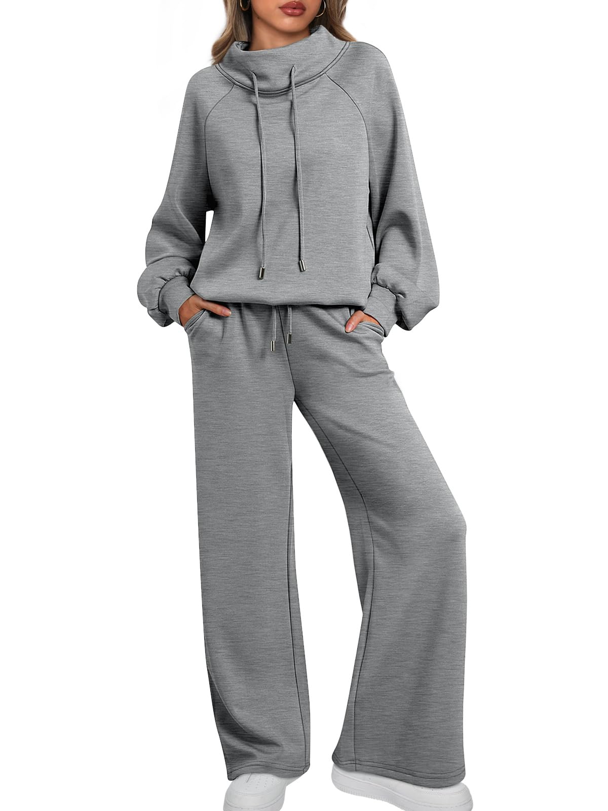🎄Soldes de Noël 🔥 Ensemble décontracté deux pièces pour femme : sweat-shirt ample à col rond et cordon de serrage, et pantalon de jogging ample à jambes larges