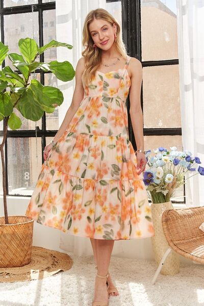 Robe midi ADORA à bretelles réglables et dos smocké à motif floral