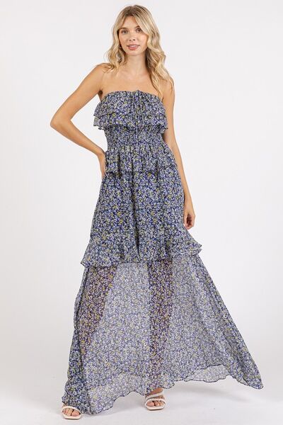 Robe longue à fleurs avec dos nu et smocks volantés Mittoshop