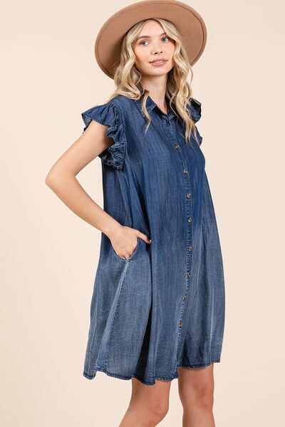Mittoshop Minikleid mit Rüschenärmeln aus gewaschenem Chambray und Knopfleiste