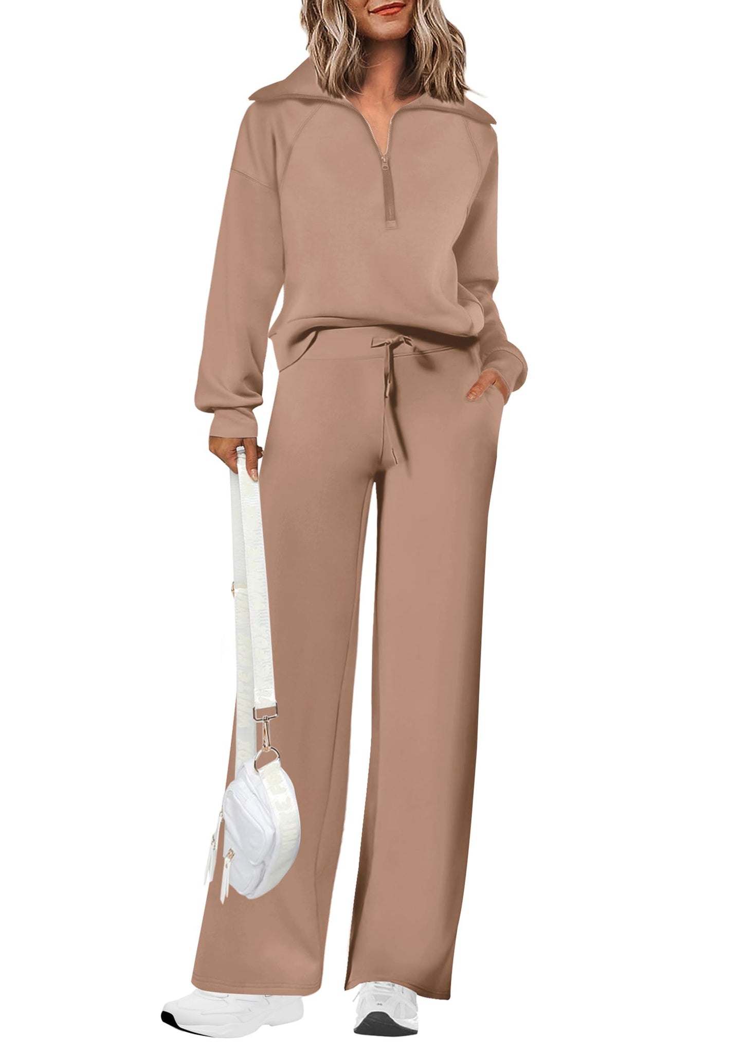 Ensembles deux pièces en coton pour femmes, sweat-shirt à col revers et demi-zip, pantalon de survêtement large, tenue décontractée