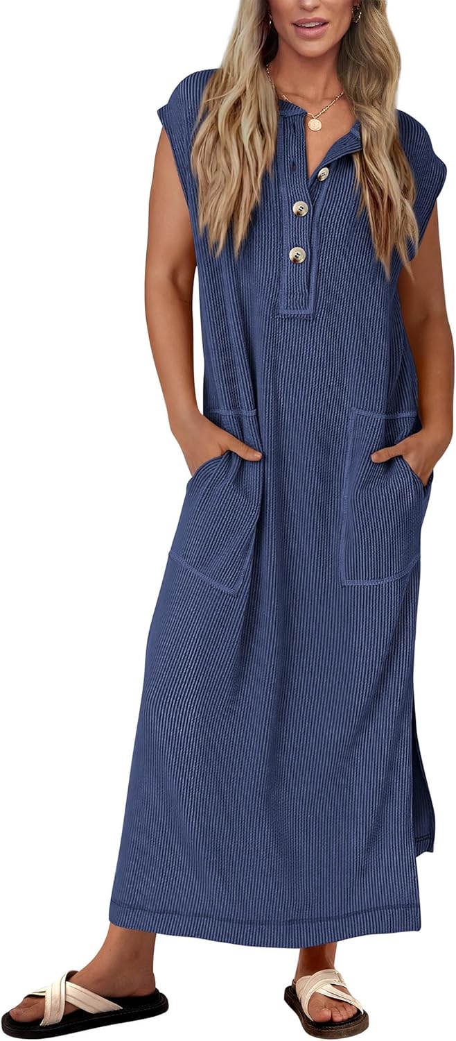 Robe longue fendue boutonnée Henley côtelée pour femme (achetez-en 2, livraison gratuite)