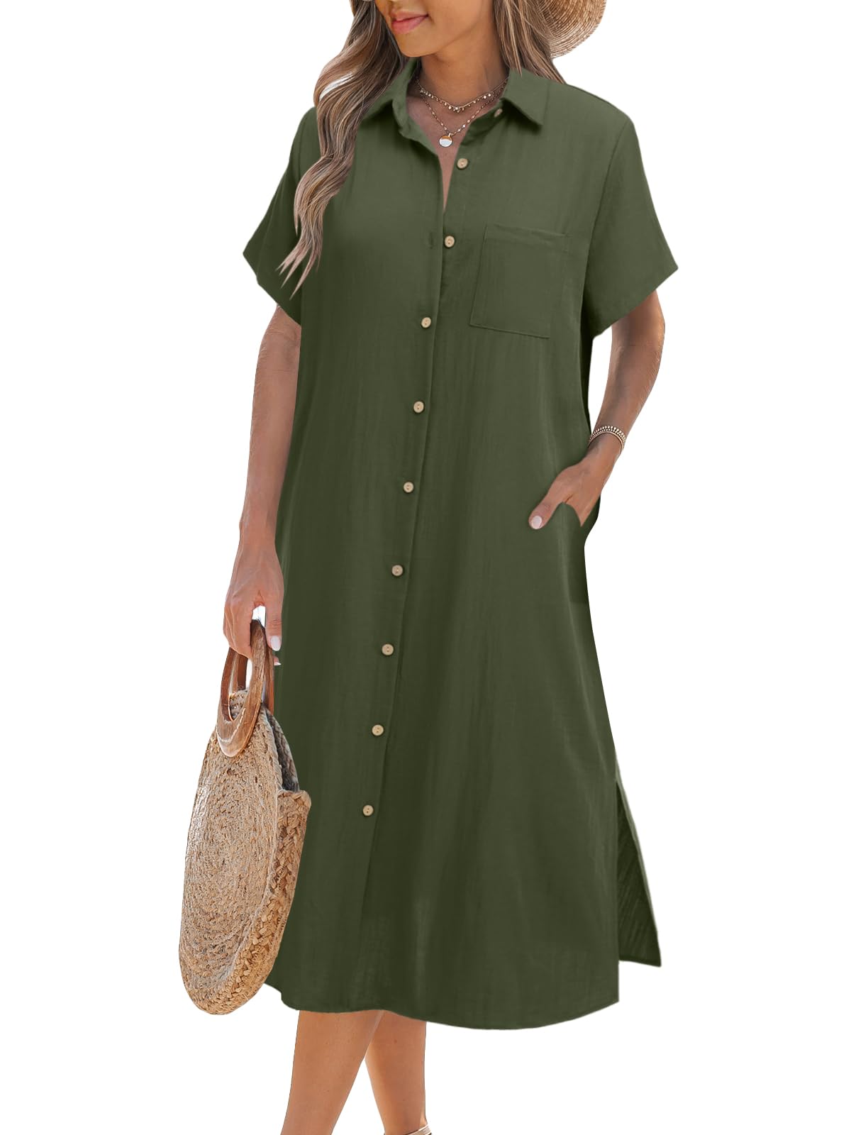 Robe chemise boutonnée à manches courtes pour femme (achetez-en 2, livraison gratuite)