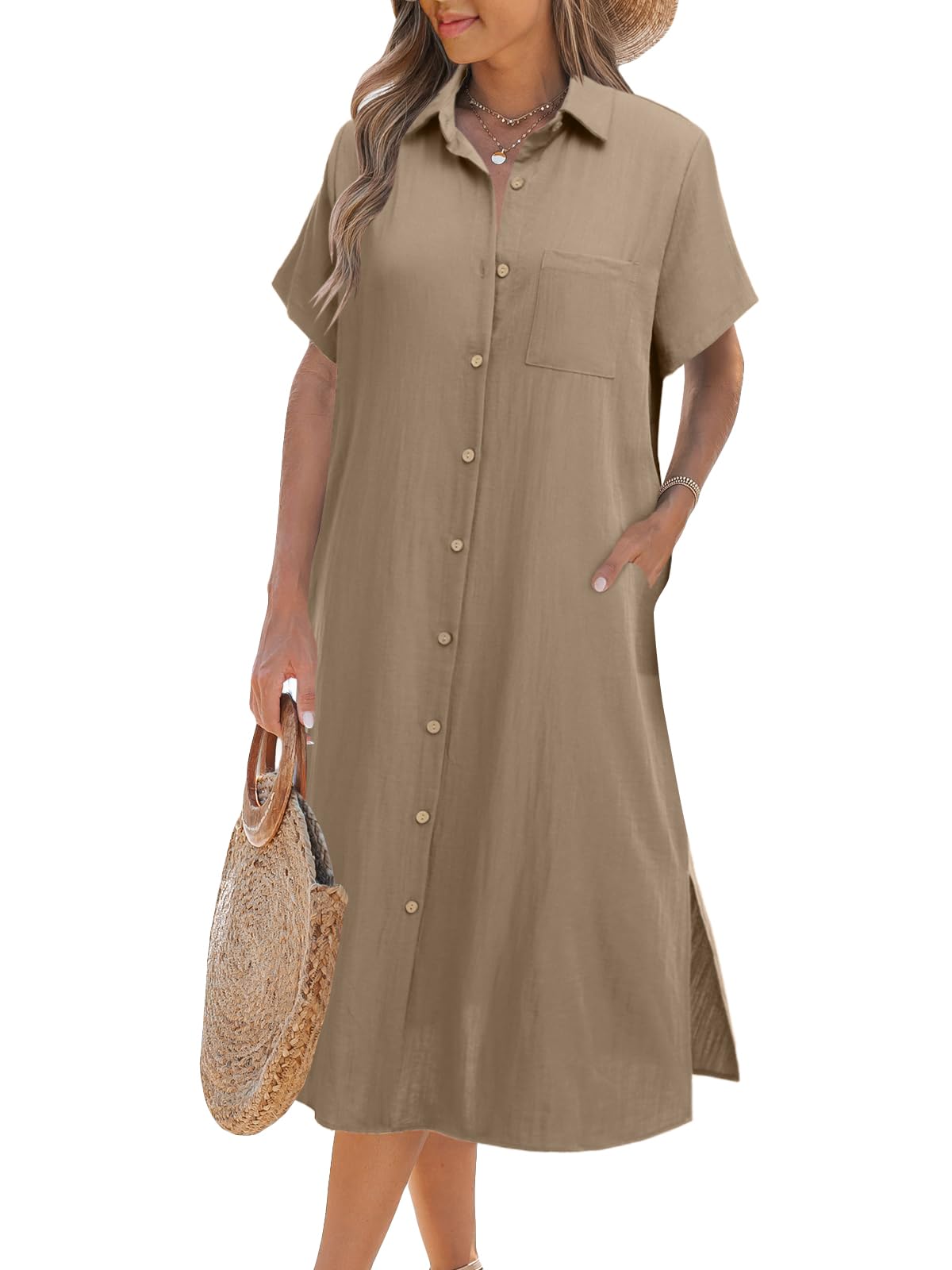 Robe chemise boutonnée à manches courtes pour femme (achetez-en 2, livraison gratuite)