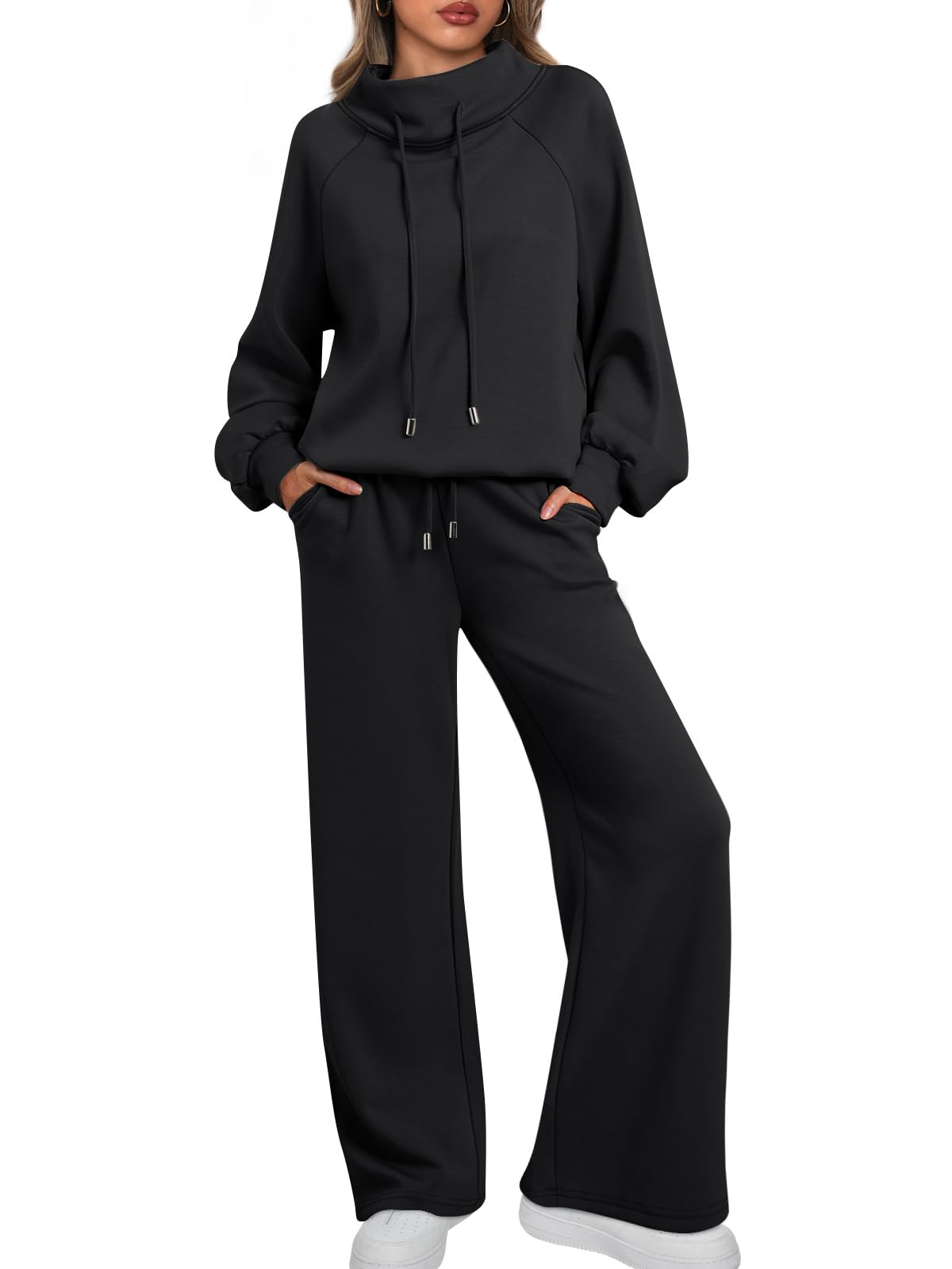 🎄Soldes de Noël 🔥 Ensemble décontracté deux pièces pour femme : sweat-shirt ample à col rond et cordon de serrage, et pantalon de jogging ample à jambes larges