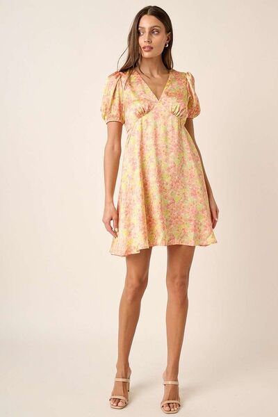 Mittoshop Bedrucktes V-Ausschnitt Puffärmel Minikleid