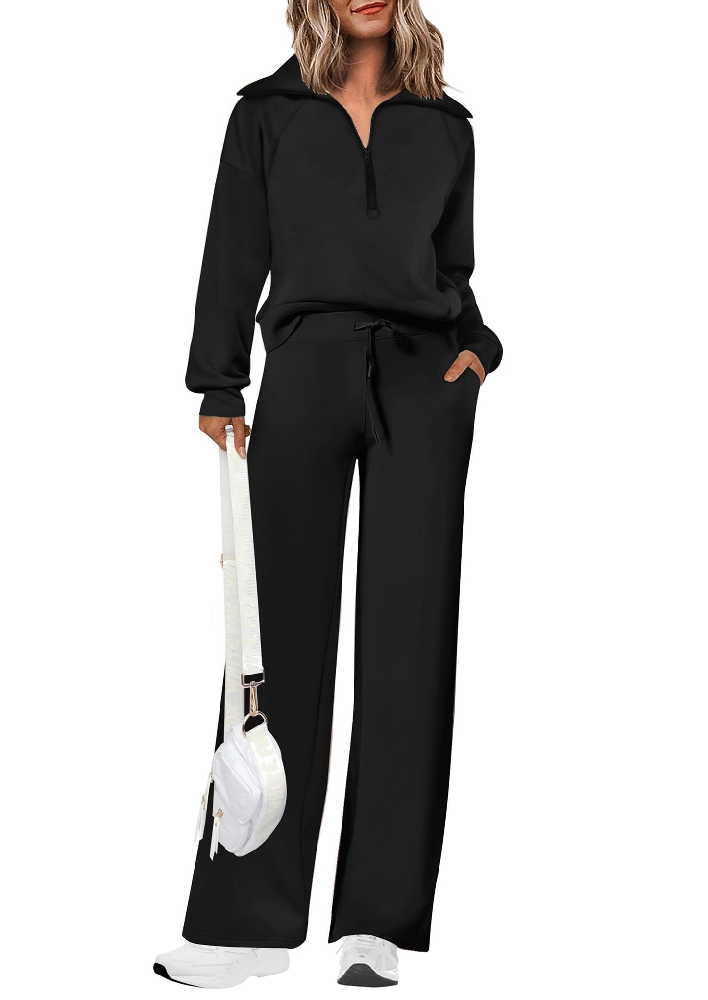 Ensembles deux pièces en coton pour femmes, sweat-shirt à col revers et demi-zip, pantalon de survêtement large, tenue décontractée