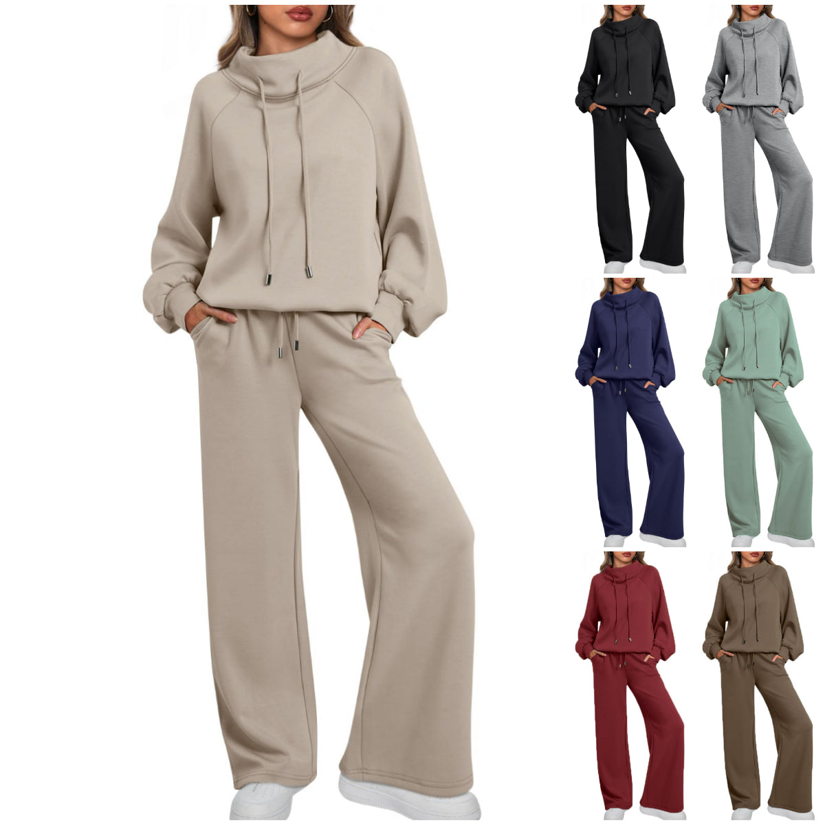 🎄Soldes de Noël 🔥 Ensemble décontracté deux pièces pour femme : sweat-shirt ample à col rond et cordon de serrage, et pantalon de jogging ample à jambes larges