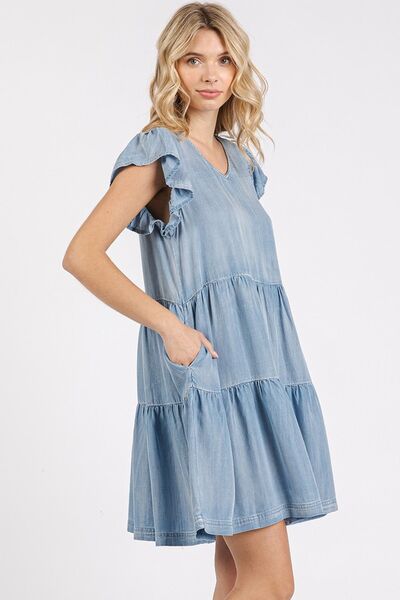 Mini-robe Mittoshop à col en V, volants et manches courtes