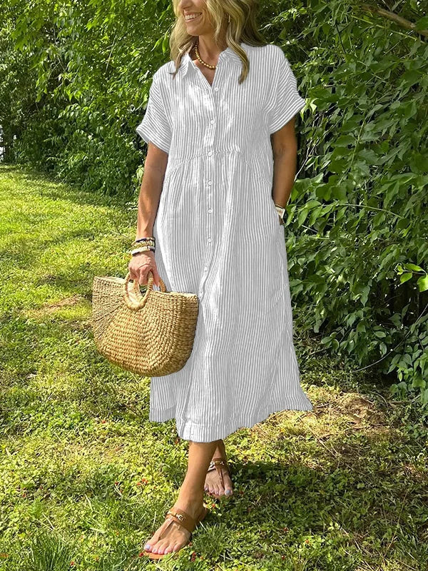 NOUVEAU🔥 Robe Chemise Boutonnée à Revers Rayée