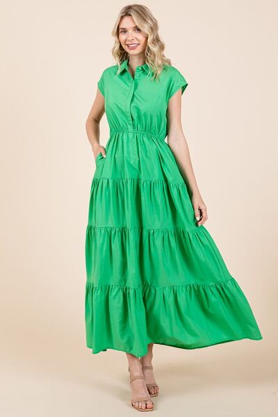Mittoshop Button-Up Hemdkleid mit Kragen und Stufenrock in Maxilänge