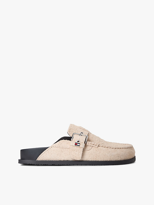 Textured Suede Buckle Mules