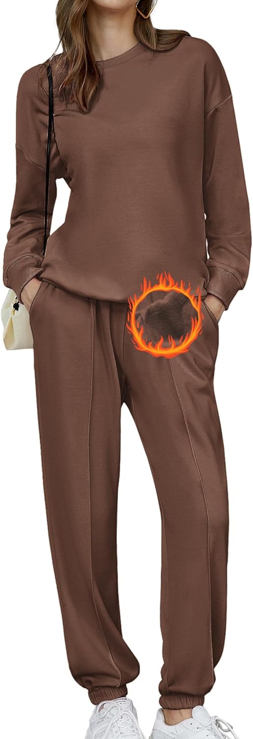 🎄Liquidations de Noël🔥Ensemble Deux Pièces pour Femme, Survêtement Oversize en Polaire, Tenue d'Hiver Doublée Sherpa, Sweat-shirt et Pantalon de Survêtement