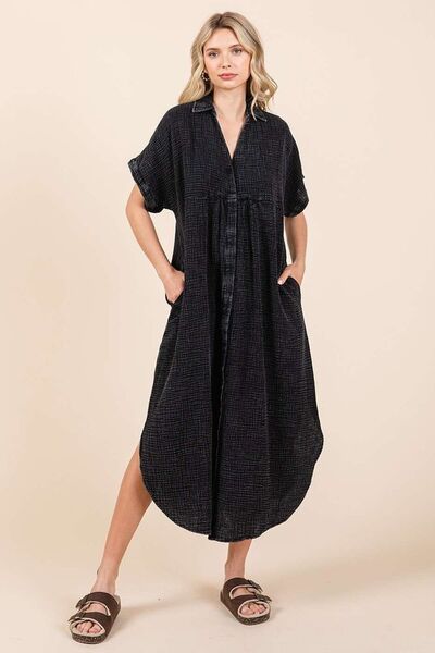 Robe chemise mi-longue boutonnée à col en V, délavage minéral Mittoshop