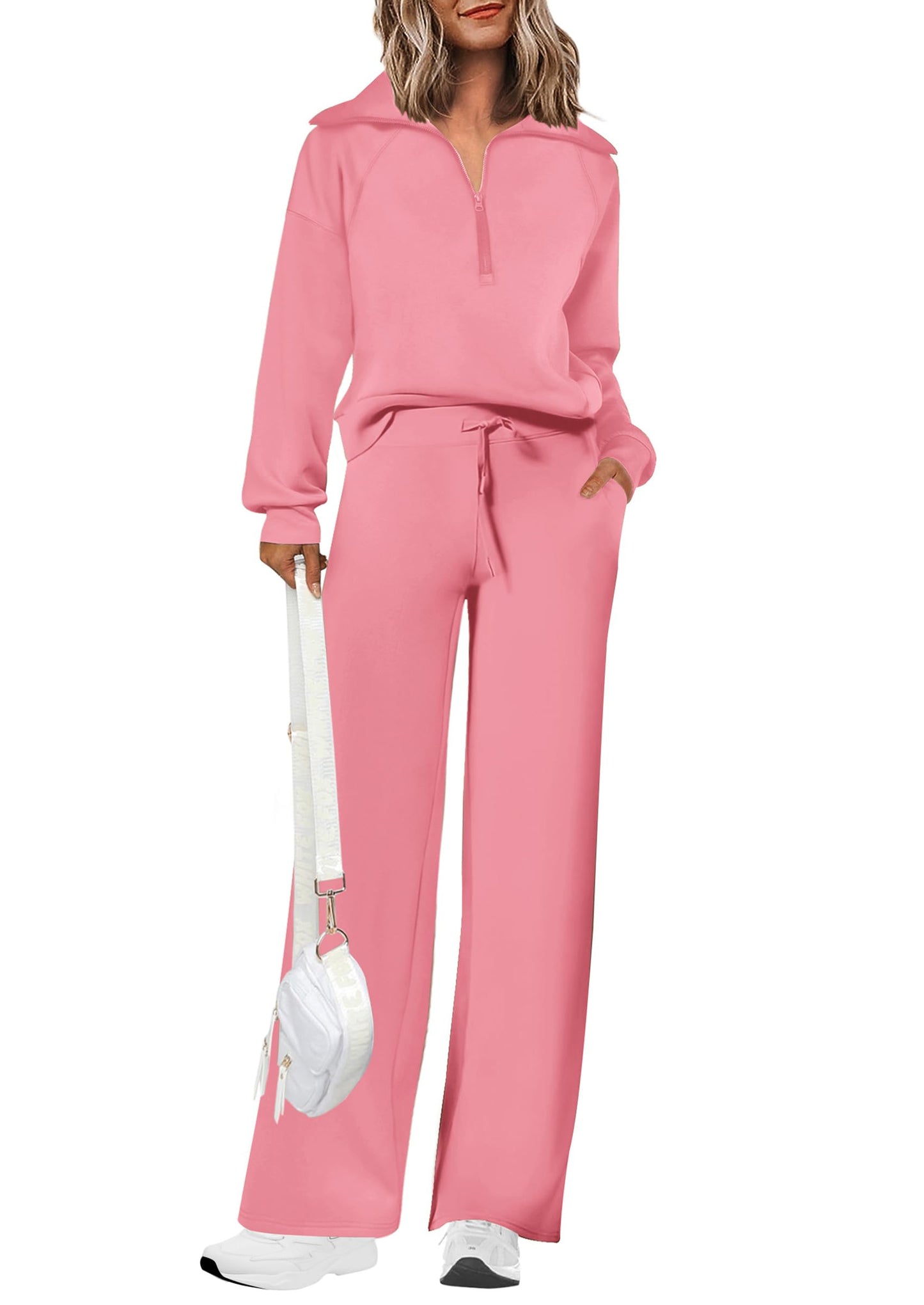 Ensembles deux pièces en coton pour femmes, sweat-shirt à col revers et demi-zip, pantalon de survêtement large, tenue décontractée