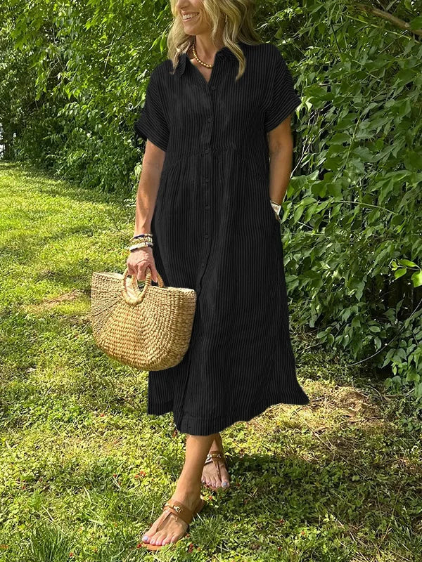 NOUVEAU🔥 Robe Chemise Boutonnée à Revers Rayée