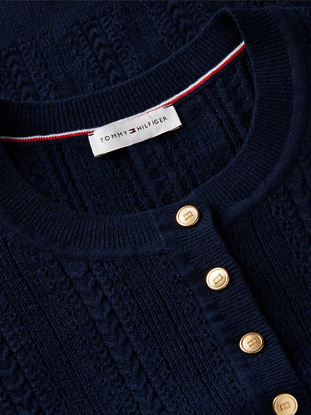 Pointelle Gold-Tone Button Henley Neck Jumper