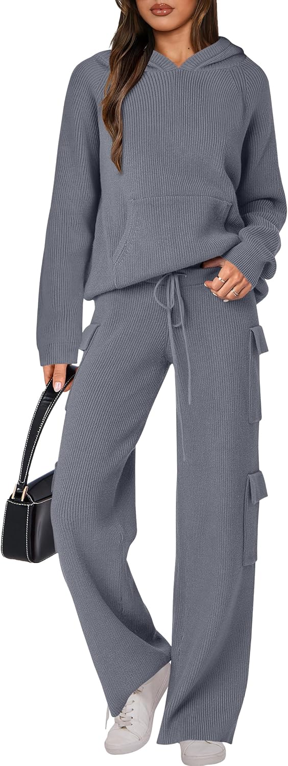 🎄Weihnachts-SALE 🔥 Zweiteilige Outfits für Damen Lässiger Kapuzenpullover Strick Gerades Bein Hosen-Set