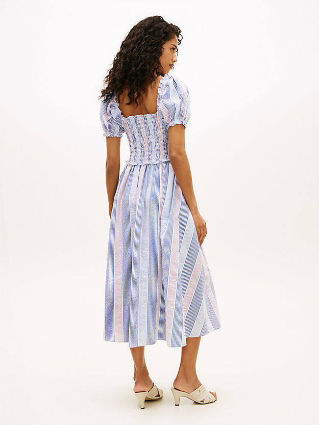 Seersucker Stripe Short Sleeve Midi Dress