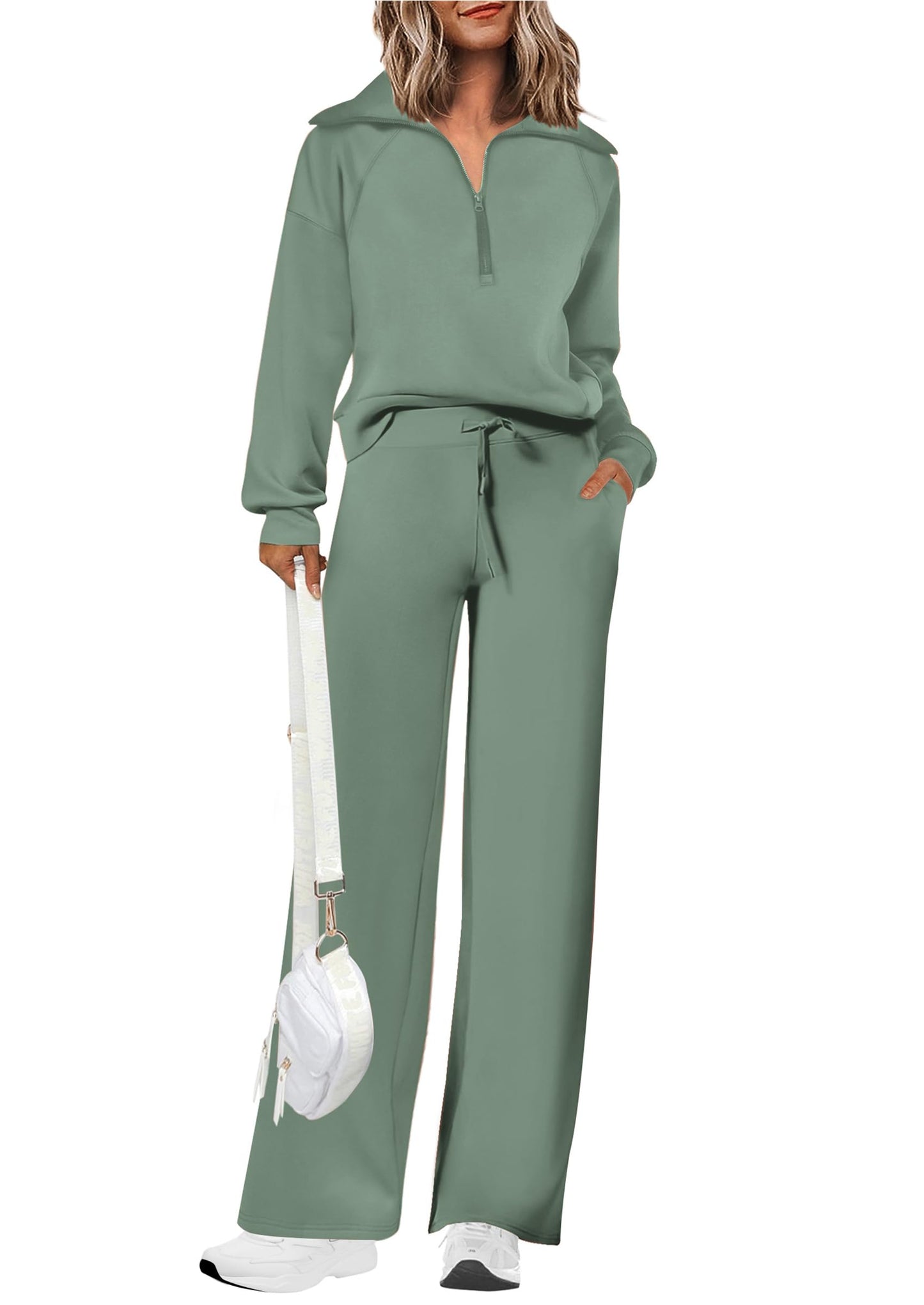 Ensembles deux pièces en coton pour femmes, sweat-shirt à col revers et demi-zip, pantalon de survêtement large, tenue décontractée