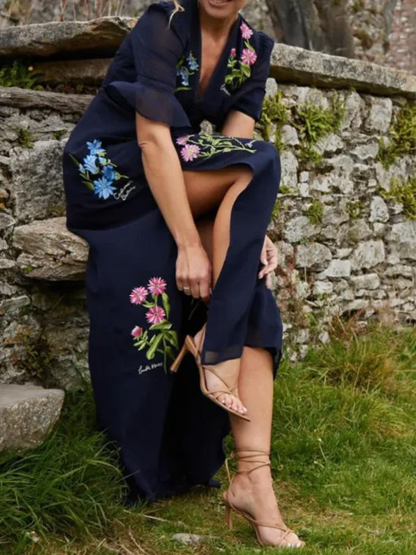 NOUVEAU🔥 Robe volantée col en V brodée florale - Sans taxes