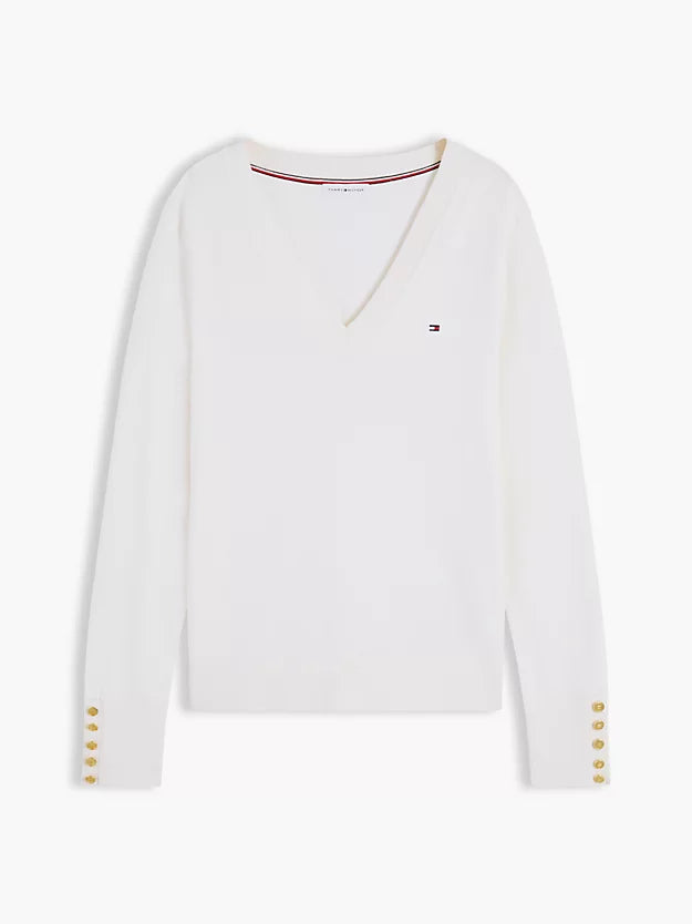 Gold-Tone Button Cuff V-Neck Jumper