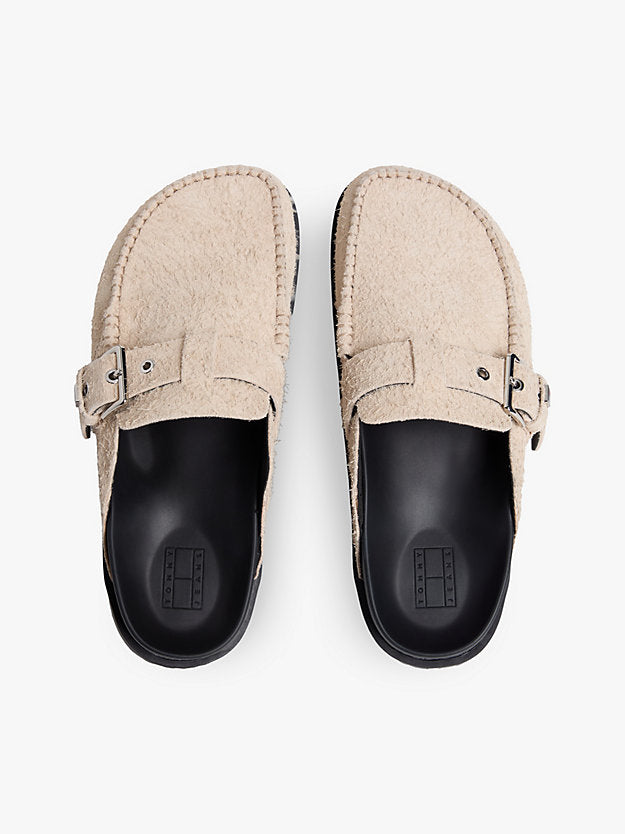 Textured Suede Buckle Mules