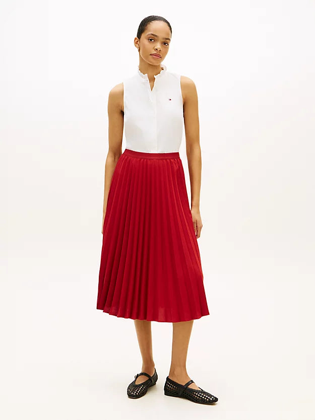 Tonal Flag Waistband Pleated Midi Skirt