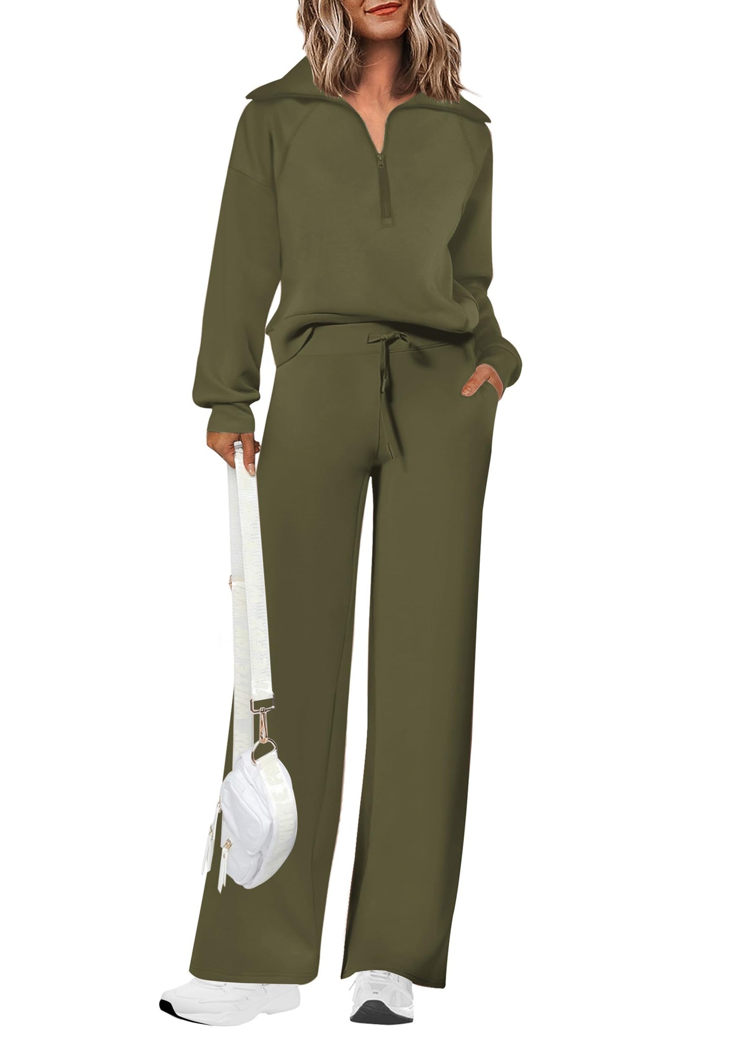 Ensembles deux pièces en coton pour femmes, sweat-shirt à col revers et demi-zip, pantalon de survêtement large, tenue décontractée