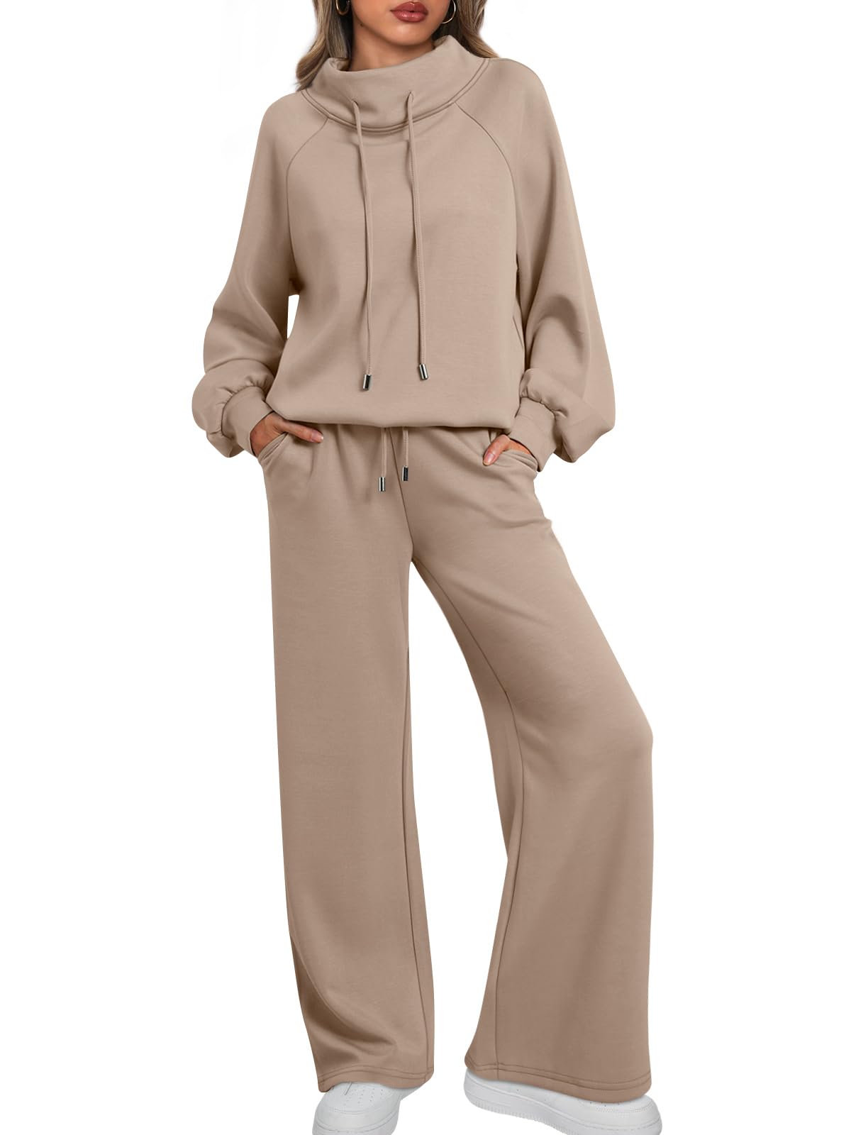 🎄Soldes de Noël 🔥 Ensemble décontracté deux pièces pour femme : sweat-shirt ample à col rond et cordon de serrage, et pantalon de jogging ample à jambes larges