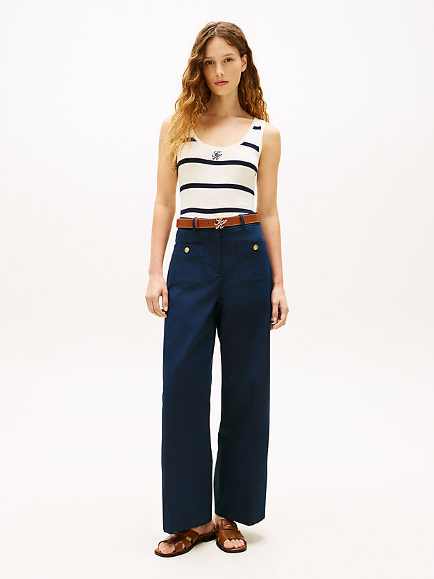 Crest Embossed Button Wide Leg Chinos