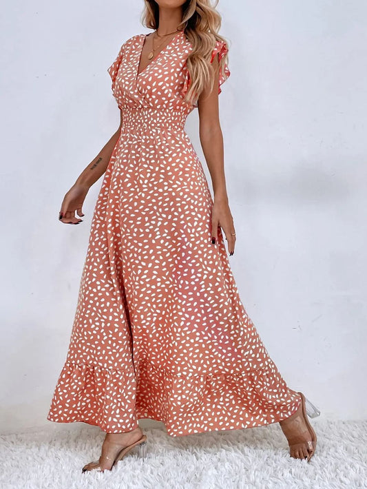 Bedrucktes Maxikleid mit Rüschenärmeln und V-Ausschnitt