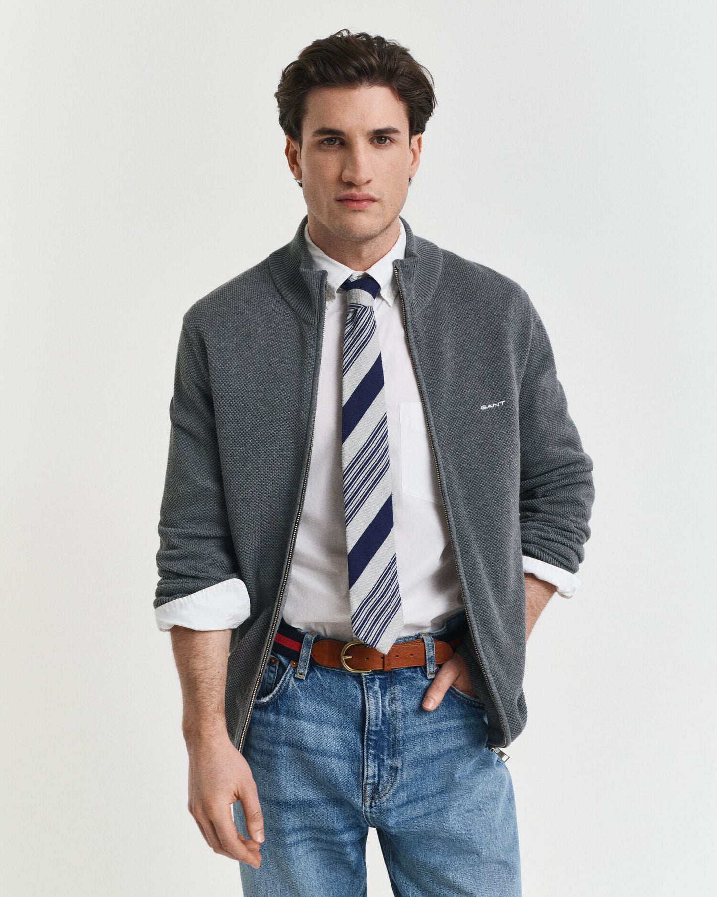 Cotton Pique Zip Cardigan