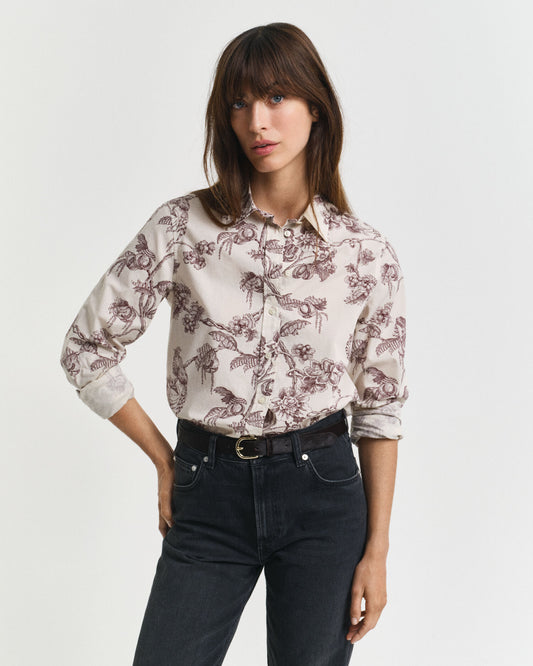 Regular Fit Tree Printed Cotton Voile Shirt